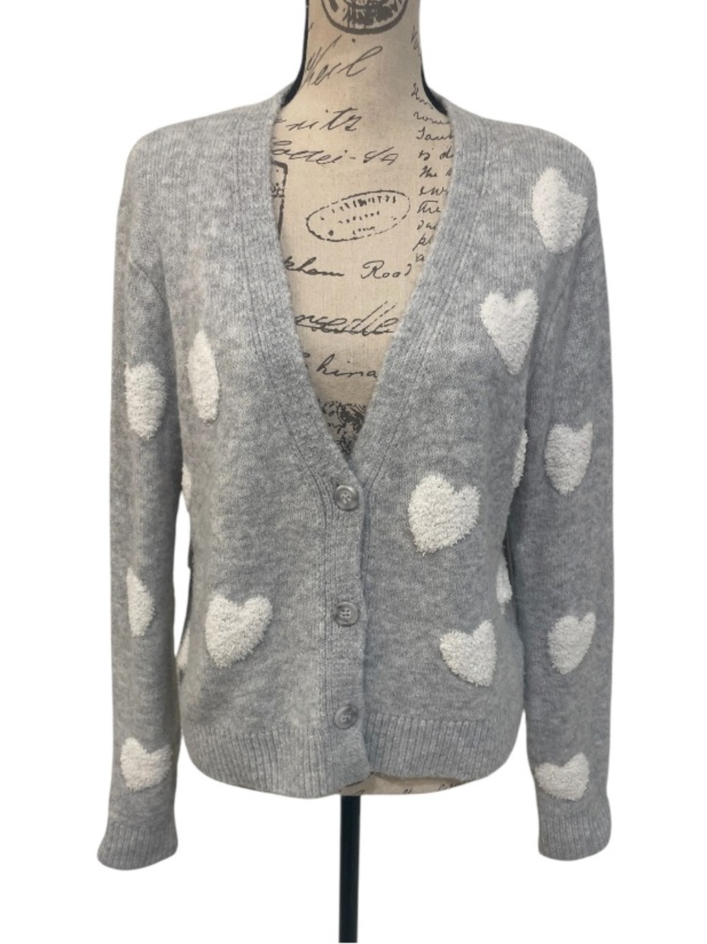 Cupcakes and Cashmere Gray Heart Cardigan Sweater Soft Cozy Knit Size M - Picture 2 of 12